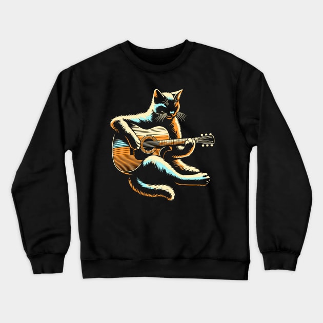 Cat Playing Acoustic Guitar Player Guitarist Funny Cat Lover Crewneck Sweatshirt by rhazi mode plagget